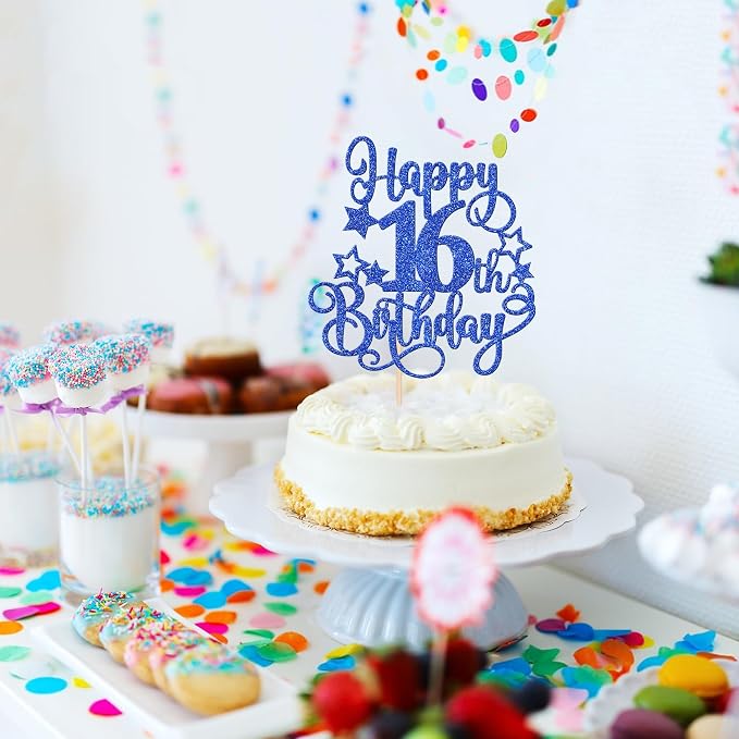 1 PCS Happy 16th Birthday Cake Topper Glitter Cheers to 16 Years Birthday Cake Pick Hello 16 Fabulous Cake Decoration for Happy 16th Birthday Anniversary Party Decorations Supplies Blue