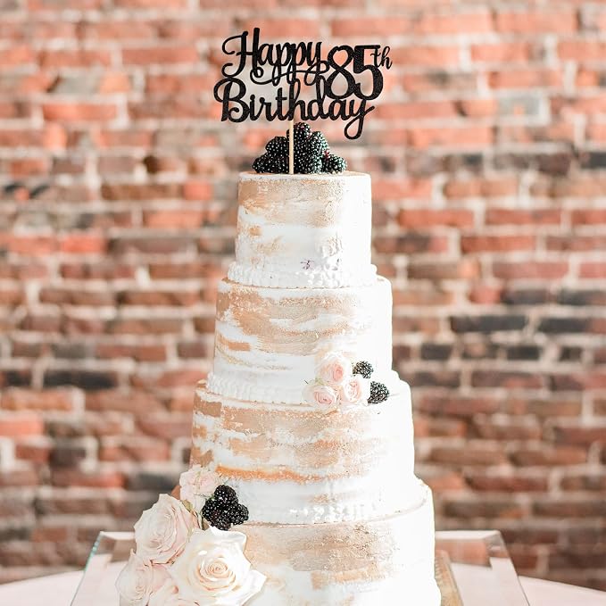 1 PCS Happy 85th Birthday Cake Topper Glitter Cheers to 85 Years Birthday Cake Pick 85 Fabulous Cake Decoration for Happy 85th Birthday Theme Party Decorations Supplies Black