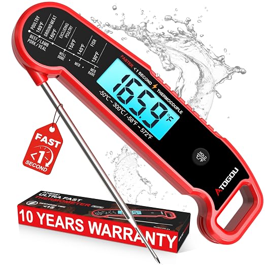 Atogou Professional Meat Thermometer Digital for Cooking Food, <1 Sec Instant Read & ±0.5℉ Accuracy, IP67 Waterproof, Thermocouple Sensor Probe, for Kithchen, BBQ, Grill, for Men Him Dad Birthday, Red