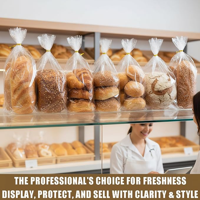 Nicunom 300 Pack Clear Bread Bags with Ties,18x4x8 Inches Plastic Bread Bag Bulk Sourdough Bags Reusable Breads Loaf Packing Bags for Homemade Breads and Bakery Use