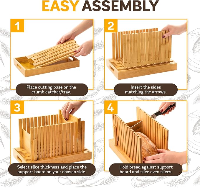 Bread Slicer and Cutting Board Set - Bamboo Bread Slicer with Crumb Tray & Adjustable Width + 4-Piece Bamboo Cutting Board Set for Kitchen