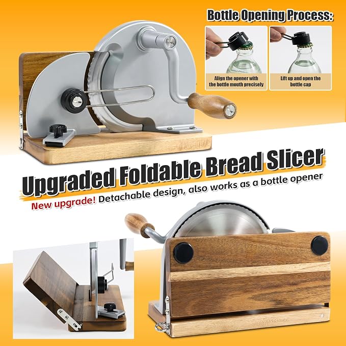 Manual Bread Slicer,Multi-Functional Foldable Hand-Cranked Bread Slicer with Steel Guard Plate and Non-Slip Base Pad Features Adjustable Thickness with Scale Lines for Even slicing Homemade(Gray)