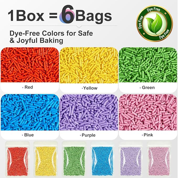 HUEBEATY Dye Free Rainbow Neon Colored Jimmies Sprinkles Variety Pack– 180g | Natural Primaty Color Sprinkles, Rainbow Color Jimmies Variety Pack for Cakes, Cupcakes, Cookies, Ice Cream and Kids Baking