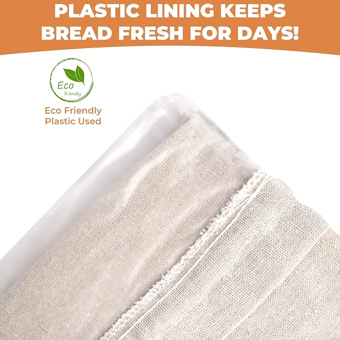 2 Linen Reusable Bread Bags for Homemade & Sourdough Breads with Plastic Liner and Drawstring, Reusable Food Storage 17" x 13" XL