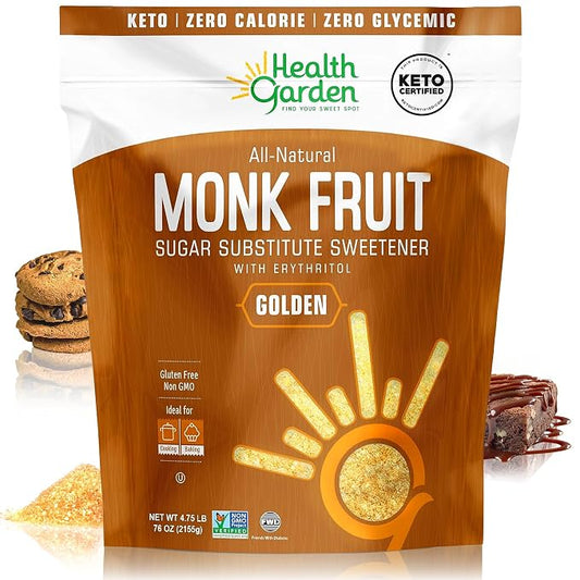 Health Garden Monk Fruit Sweetener, Golden, 4.75lbs Bag – 1:1 Monk Fruit Sugar Substitute with Erythritol – Zero Calorie Monkfruit Sweetener Pure – Ideal for Baking, Keto Friendly, Non-GMO, Kosher
