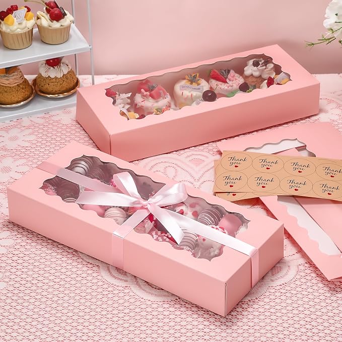 24 Pack Bakery Boxes with Window, 16x6.5x2.5 Inch Pink Auto-Popup Cookie Box with Ribbon and Sticks, Long Treat Boxes for Cookies for Strawberries, Champagne, Cake Pops, Donuts