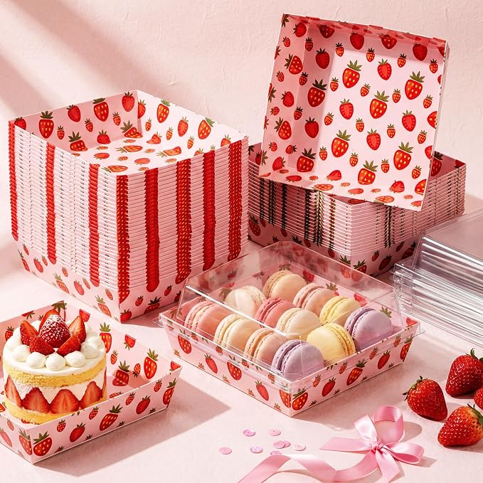 Potchen 50 Pack Bakery Boxes with Clear Lids, Disposable Charcuterie Treat Boxes for Cookies, Donuts, Cupcakes, Candy and Mini Cakes, Party Favor for Wedding and Gift Giving(Pink Strawberry)
