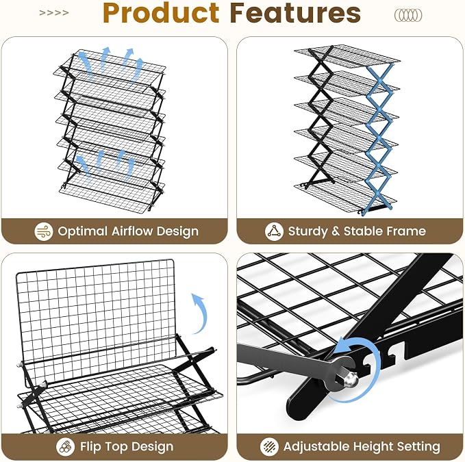 6 Tier Collapsible Cooling Rack for Baking Cookies Bread Barbecue | Include 50 Baking Papers, 4-Level Adjustable Height, 3 Setting Design, Stackable Roasting Rack, X-Shaped Structure