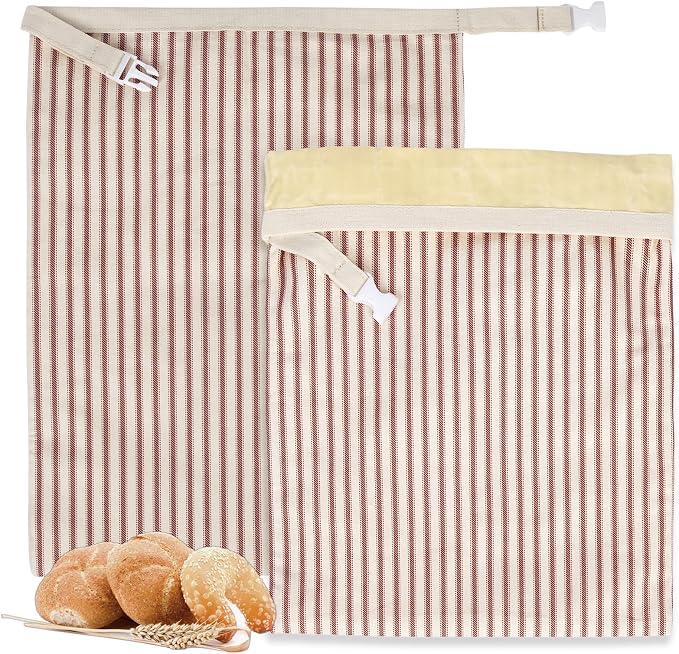 Stripe Reusable Beeswax Bread Bags for Homemade Bread & Sourdough, 2-Pack XL Airtight Food Storage Bags, Organic Cotton Linen Covers - Freezer-Friendly Freshness Preservation Keeps Fresh Longer