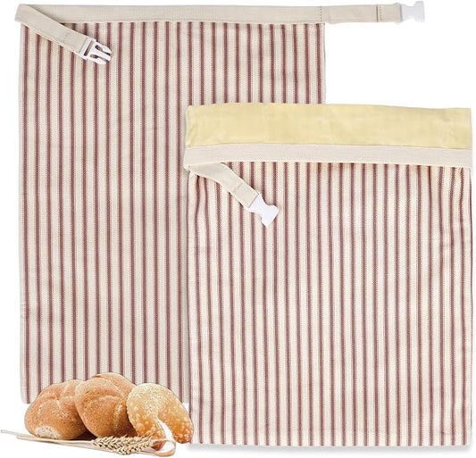 Stripe Reusable Beeswax Bread Bags for Homemade Bread & Sourdough, 2-Pack XL Airtight Food Storage Bags, Organic Cotton Linen Covers - Freezer-Friendly Freshness Preservation Keeps Fresh Longer