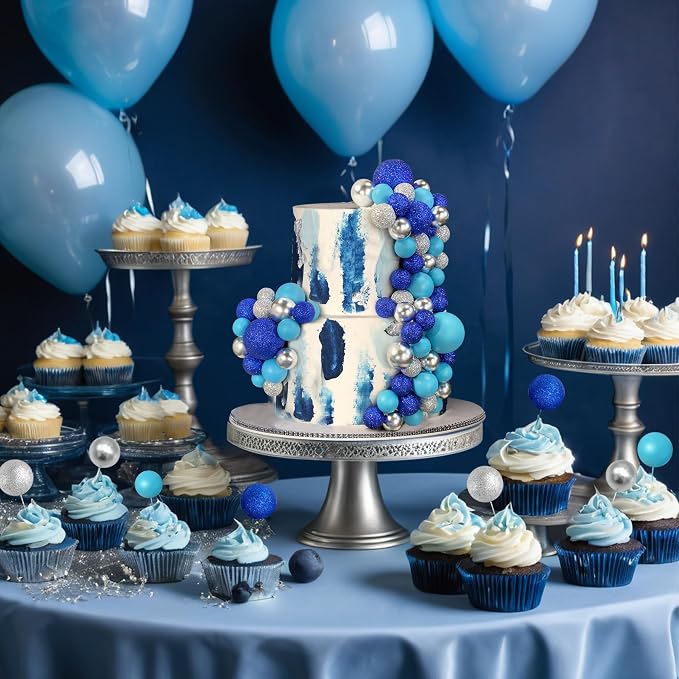 66 PCS Colorful Ball Cake Picks for Cake Decoration Blue Series with 4 Vibrant Colors Pearl Ball Shaped Cupcake Toppers for Birthday Party and Wedding Supplies