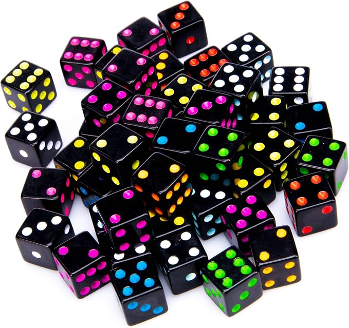 Brybelly Blackout Dice, 50-Pack — 16mm Six-Sided Black Game Dice with Neon Pips — 10 Color-Coded Sets of 5 for Liar's Dice, Farkle, Yacht & Classic Tabletop Games