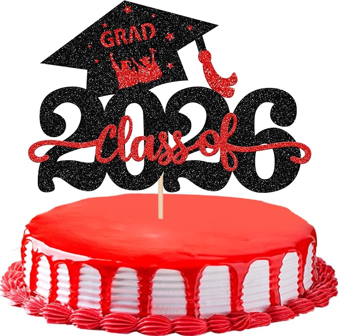 1 Pack Class of 2026 Cake Topper Glitter Congrats Grad Cap 2026 Graduation Cake Pick Decoration for 2026 Graduation Theme High School Graduate Party Cake Decorations Supplies Black Red