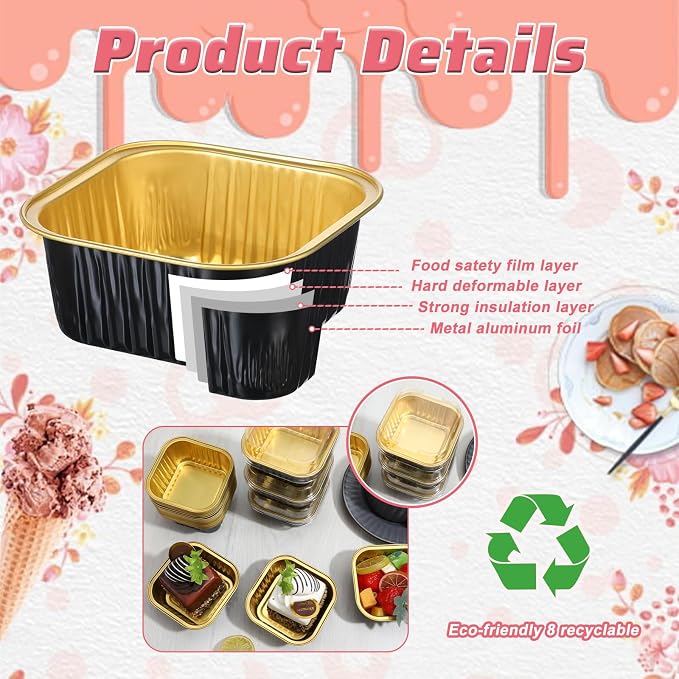 100 Pack Mini Cake Pans with Lids, 5oz Dessert Cups Aluminum Foil Mini Cupcake Cups, Square Disposable Muffin Baking Tins Dessert Containers for Christmas Wedding Birthday Winter Party