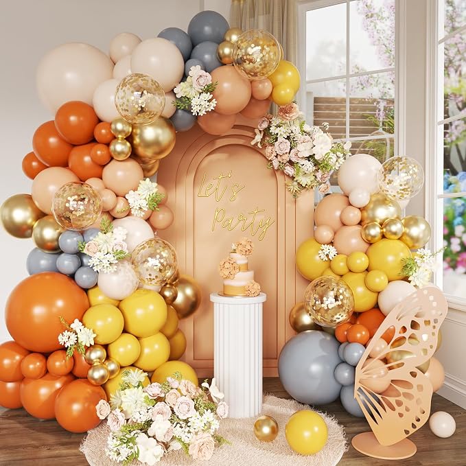 Dusty Orange Balloon Arch Kit, 152Pcs Dusty Orange Grey Pastel Orange Lemon Yellow White Sand Gold Confetti Balloons for Baby Bridal Shower Wedding Engagement Birthday Party Decorations