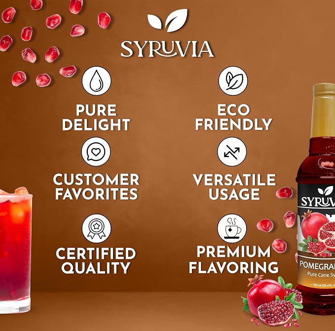 Syruvia Pomegranate Syrup, Flavored Syrup for Drinks, Lemonades, Iced Teas, and Desserts – 25.4 fl oz - with Pump