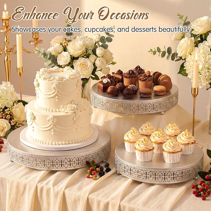 Wenqik 5 Pcs Metal Silver Cake Stand 16/14/12/10/8 Inch Round Cake Holder Display for Dessert Table Cookies Fruit Serving Tray Cupcake Pastry Riser for Wedding Birthday Party and Events