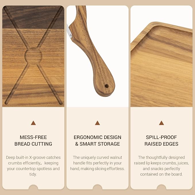 welsteepse Bread Slicer for Homemade Bread，2 in 1 Walnut bread board,cutting board with sourdough bread knife