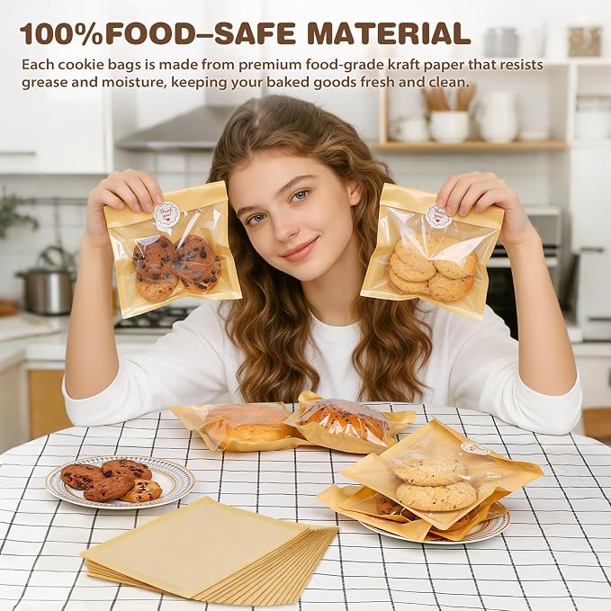T-Raputa 100 Pack Cookie Bags,5.7x6.5 Inch Individual Heat Sealable Kraft Bakery Bags, Grease Resistant To Go Bakery Bags with Window for Brownie, Donut, Snack, Scone