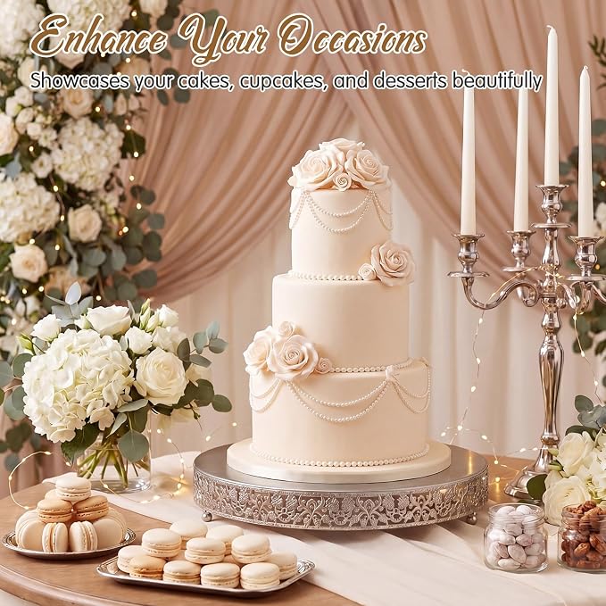 Wenqik 20 Inch Silver Cake Stand Set Metal Round Cupcake Dessert Stand with Cake Cutting, Flower Spatula Wedding Cupcake Pastry Display Candy Holder Display for Wedding Party Birthday Baby Shower