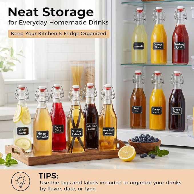 Ruckae Swing Top Glass Bottles,Flip Top Glass Bottle with Lids Sealable Kombucha Bottle for Brew Beer Syrup Vanilla Extract Air Tight Bottles for Gift (12 oz 10 pack)