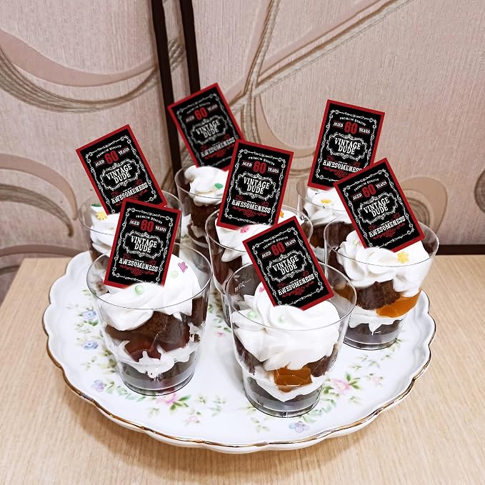 40Pcs Edible Rectangle Aged to 60 Years Card Cupcake Toppers Edible Black Red 60 Vintage Dude Awesomeness Cupcake Picks Drink Toppers for 60th Vintage Birthday Anniversary Party Decorations