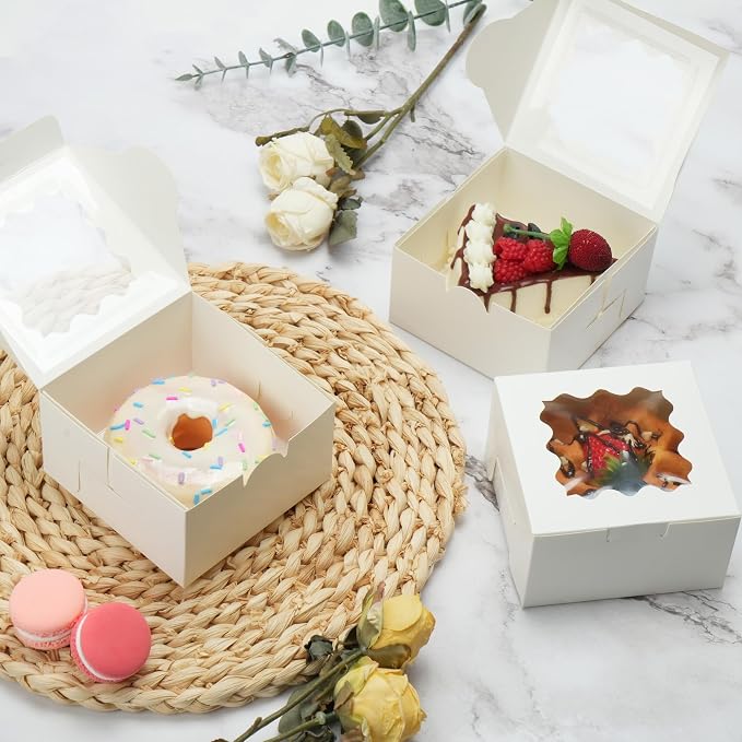 LotFancy 60pcs Small Cookie Boxes, 4x4x2.5 Inches, Bakery Boxes with Window, Baked Goods Packaging Containers for Cupcakes, Dessert, Macarons, Chocolates Donuts, Treats, Pastries