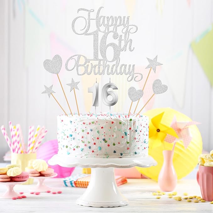 16th Birthday Cake Decorations, 16th Birthday Candles Cake Numeral Candles and Glitter Happy 16th Birthday Cake Toppers Set for Birthday Party Supplies (Silver)