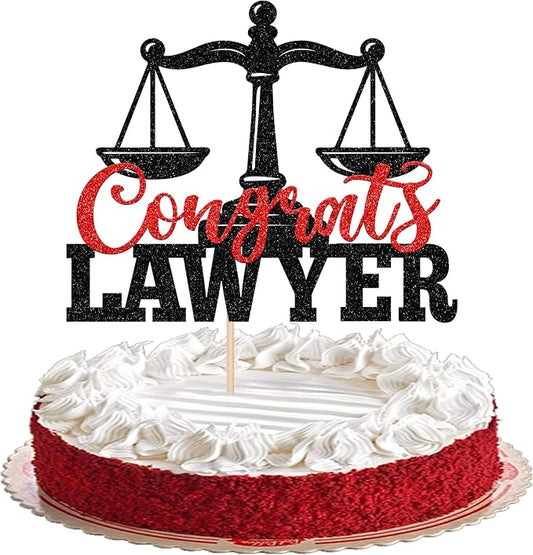 1 Pack Congrats Lawyer Cake Topper Glitter Class of 2026 Law School Survivor Cake Pick 2026 Graduation Cake Decorations for 2026 Lawyer Graduation Party Supplies Black Red