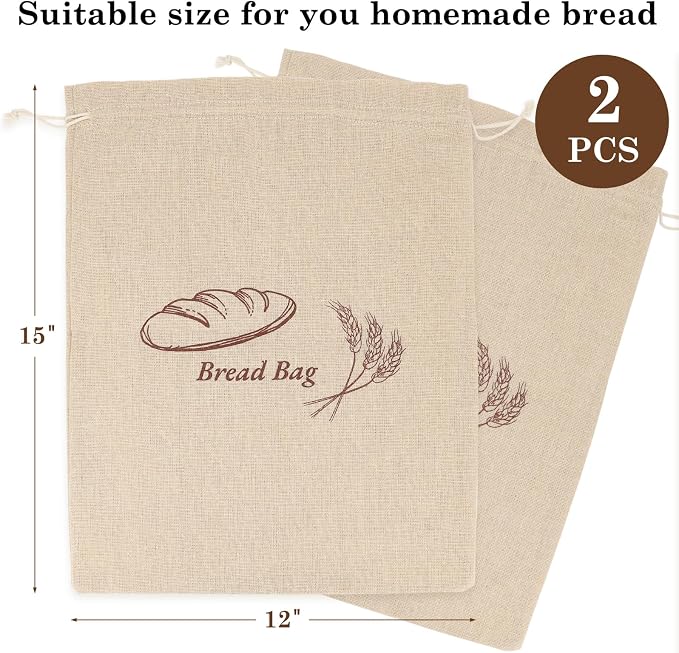 2 Pack Reusable Linen Bread Storage Bags with Plastic Lining, Sourdough Bread Keeper for Home Bakers, 12x15 Inch (1 pattern)
