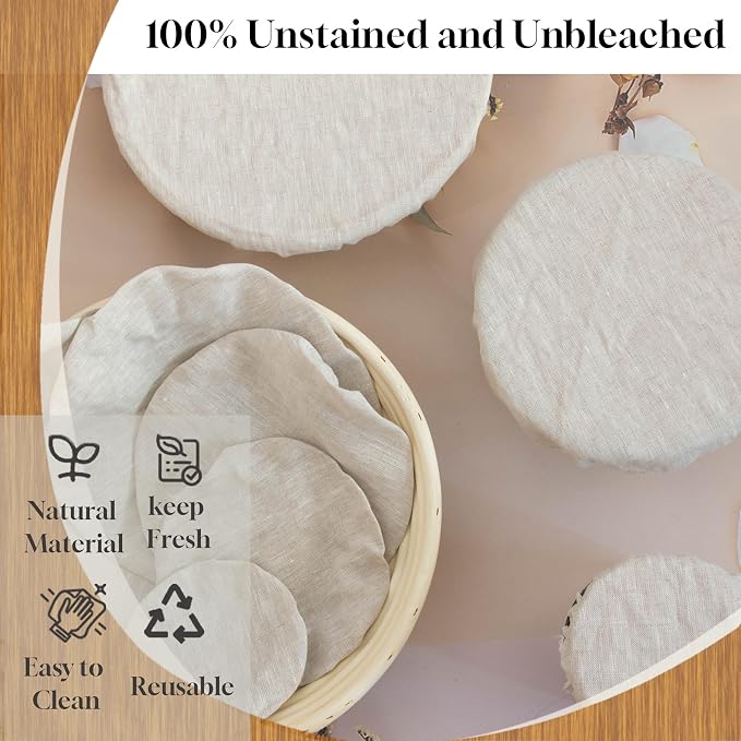 5 Pack Reusable Bowl Covers for Bread Proofing, 4/6/8/10/12 Inch Linen Bowl Covers with Elastic Rim, 100% Natural Organic Linen, Unbleached, Elastic Lids for Sourdough, Dough Proofing and Food Storage