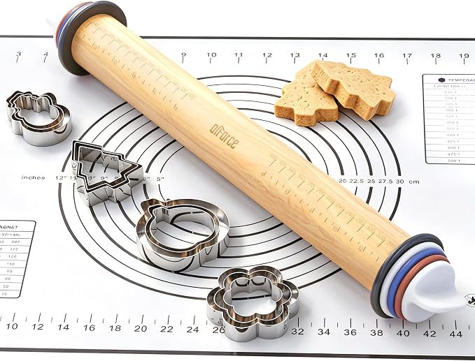 Rolling Pin with Thickness Rings,13.6" Dough Roller with Mat&4 Cookie Molds | Oiforce Multi-purpose Dough Roller For Pizza, Pies, Pastries & Cookies; 4 Adjust-rings Deliver Precise Even Dough Thickness