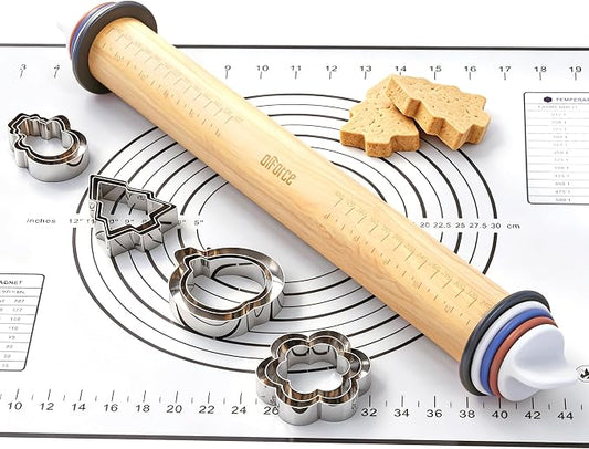 Rolling Pin with Thickness Rings,13.6" Dough Roller with Mat&4 Cookie Molds | Oiforce Multi-purpose Dough Roller For Pizza, Pies, Pastries & Cookies; 4 Adjust-rings Deliver Precise Even Dough Thickness