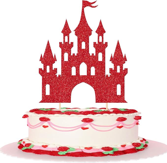 1 PCS Princess Castle Cake Topper Glitter Princess Cake Topper Queen Castle Theme Birthday Party Cake Decoration for Girls Princess Baby Shower Happy Birthday Party Decorations Supplies Red