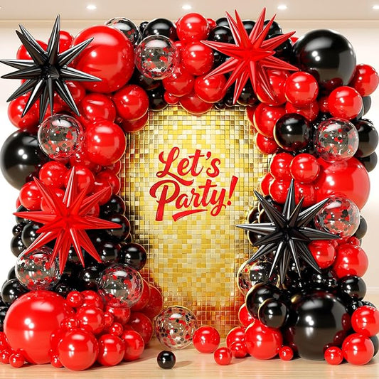 153Pcs Red and Black Balloons Garland Arch Kit with Stars -22 18 12 10 5 inch Different Size Black and Red Confetti Latex Balloons for Birthday Graduation Anniversary Prom Party Decorations