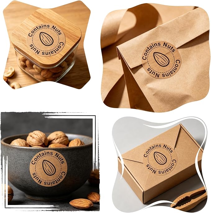 500 Pcs Contains Nuts Stickers 1 Inch Tree Nut Allergen Warning Kraft Labels Food Allergy Stickers for Bakery Restaurant Home Kitchen Food Packaging Cake Shop Cookie Bakery Businesses Kitchen