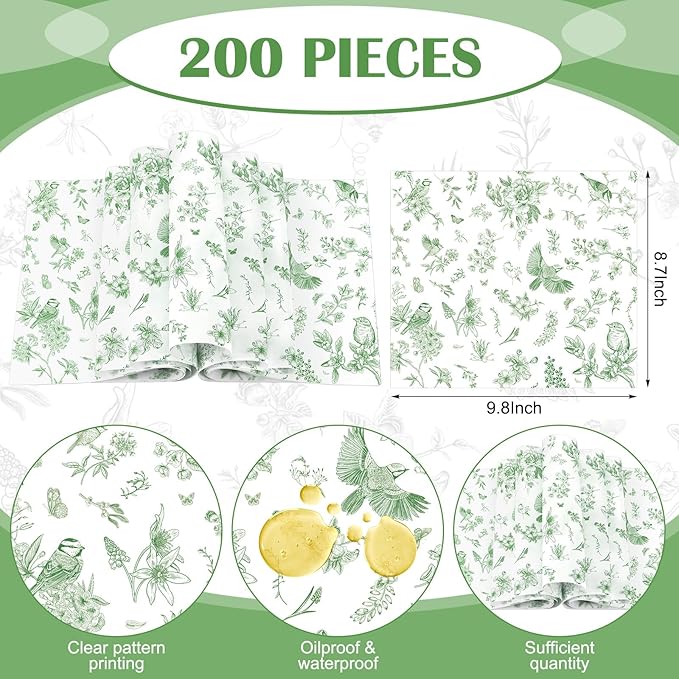 Feifeiya 200 Pcs Floral Wax Paper Sheet for Food Chinoiserie Bird Deli Paper Waterproof Sandwich Wrapping Greaseproof Food Basket Liners for Picnic Party Kitchen Supply, 9.8 x 8.7inch (Floral,Green)