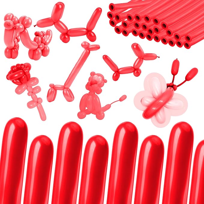 260 Balloons, 50Pcs Red Long Balloon for Tying Balloon Arch, Latex Animal Long Skinny Twisty Magic Balloon Twisting Art Kit for Thanksgiving Halloween Christmas Party Decorations