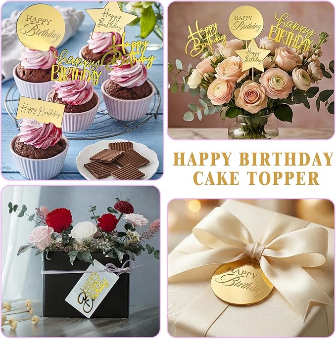 24 PCS Gold Acrylic Cupcake Toppers 8 Styles Happy Birthday Cake Topper Engraved Cake Picks for DIY Party Decoration