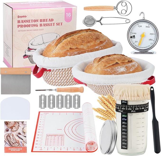 Sourdough Starter Kit 16 PCS, 11" & 9" Cotton Bread Proofing Basket Kit, 24oz Sourdough Starter Jar, Banneton Bread Proofing Baskets Set Include Oven Thermometer, Baking Supplies and Making Tools Set