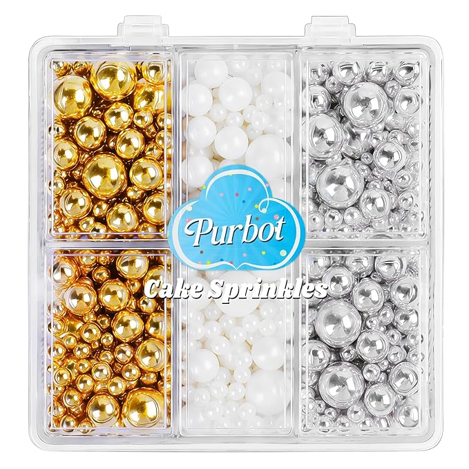 Pearl Sprinkles for Cake Decorating, 4 Sizes Edible White, Gold and Silver Pearl 130g/4.6oz, Cupcake, Ice Cream, Donuts, Macaron Toppings Supplies (2mm, 4mm, 7mm, 1cm)