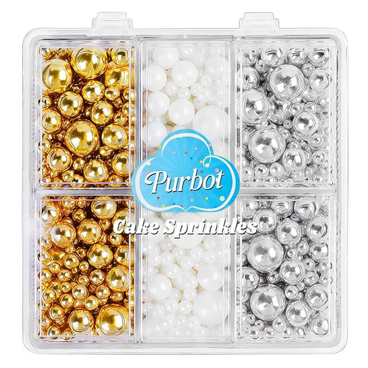 Pearl Sprinkles for Cake Decorating, 4 Sizes Edible White, Gold and Silver Pearl 130g/4.6oz, Cupcake, Ice Cream, Donuts, Macaron Toppings Supplies (2mm, 4mm, 7mm, 1cm)