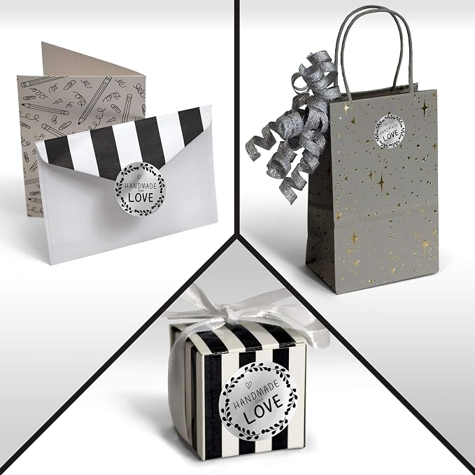 Kenco 1.5" Inch Handmade with Love Stickers, Made in The USA! for Envelopes, Boxes, Packaging and More - 500 Labels Per Roll (2 Pack 1,000 Stickers, Silver FOIL)