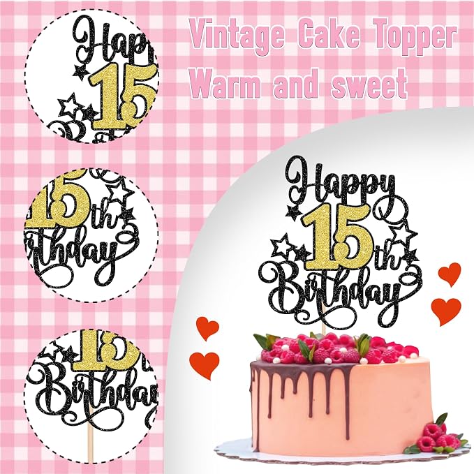 1 PCS Happy 15th Birthday Cake Topper Black Gold Glitter Cheers to 15 Years Birthday Cake Pick Hello 15 Fabulous Cake Decoration for Happy 15th Birthday Anniversary Party Decorations Supplies