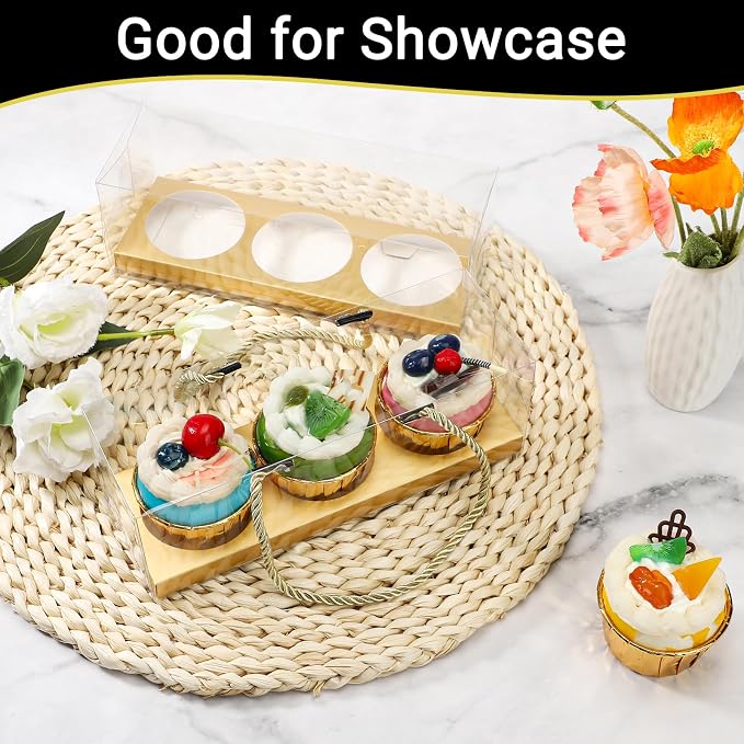 EUSOAR Gold Cupcake Boxes, 10 Pcs 9"x3"x3" Clear Muffins Cupcake Containers 3 Compartments with Gift Rope Handles, Portable Dessert Pastry Holder Cookies Wrappers for Birthday Wedding Party Bakery