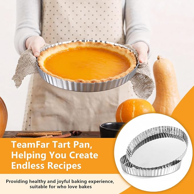 TeamFar 2 Pack Tart Pans, 9.5 Inch Stainless Steel Round Tart Pie Pan, Metal Quiche Baking Dish with Fluted Side for Baking Fruit Tarts, Quiches, Pies, Mousse Cakes, Heavy Duty & Dishwasher Safe
