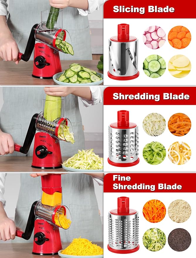 Geedel Rotary Cheese Grater Cheese Shredder - Upgraded 5-in-1 Cheese Grater with Handle and Strong Suction Base, Multi-purpose Vegetable Slicer Ice Shaver Nuts Grinder for Cheese, Vegetables, Ice