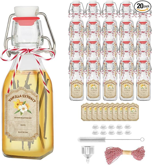 20 Pack Swing Top Glass Vanilla Extract Bottles 4 oz with Lids, Vanilla Labels & Funnel, Boston Square Bottles for Homemade Syrup, DIY Gifts, Flip Top Jars for Extract