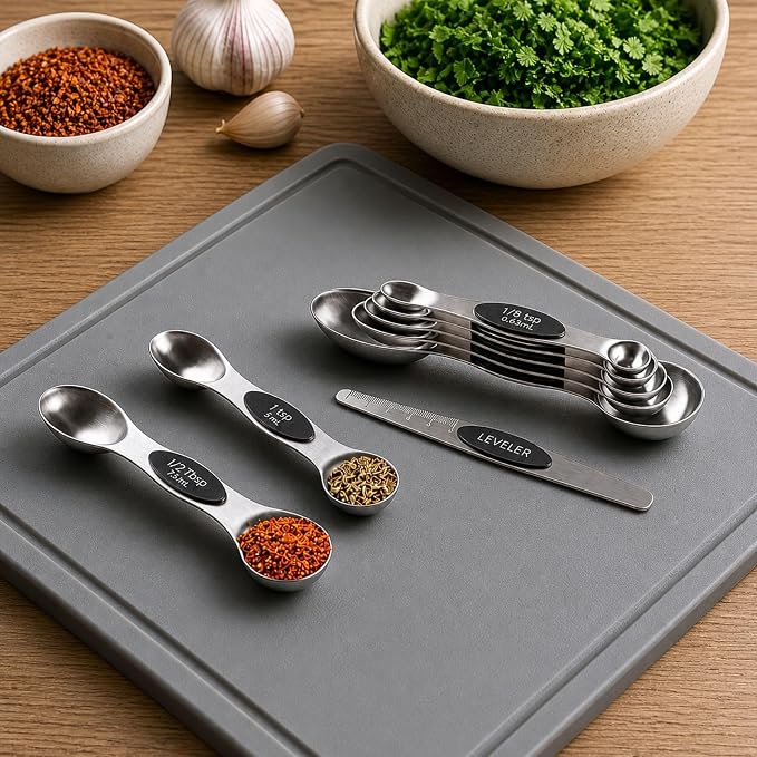 Restaurantware Met Lux 8-piece Measuring Spoon Set 1 Premium Magnetic Measuring Spoon Set - Dual-Sided With Leveler Black Stainless steel Spoon Set With U.S. And Metric Units Dishwashable