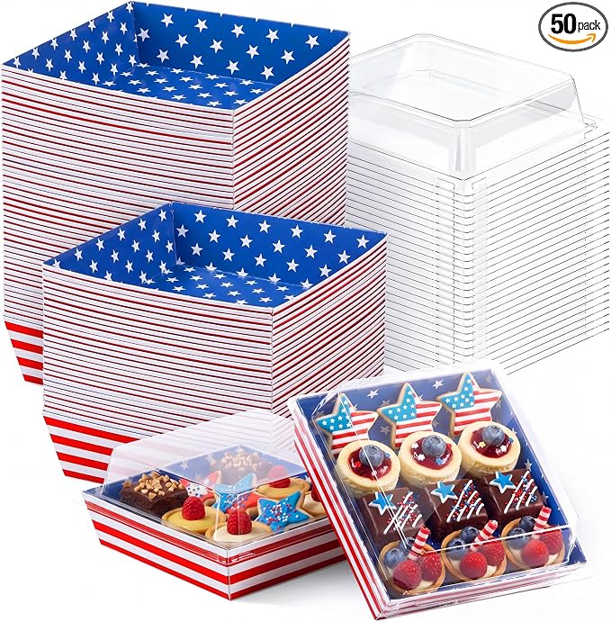 Potchen 50 Pack Bakery Boxes with Clear Lids, Disposable Charcuterie Treat Boxes for Cookies, Donuts, Cupcakes, Candy and Mini Cakes, Party Favor for Wedding and Gift Giving(Independence Day Design)